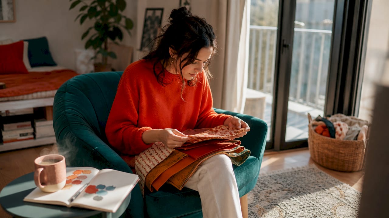 Woman examining sofa fabric swatches in living room