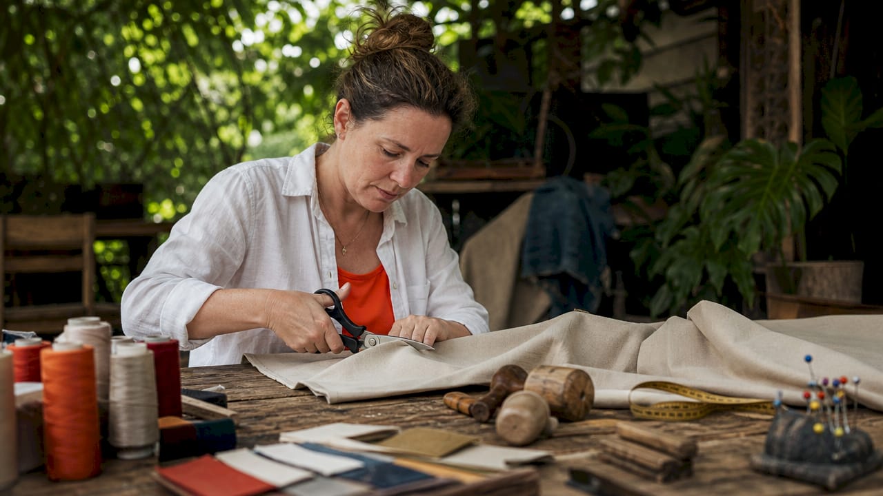 Woman cutting cotton duck fabric for upholstery
