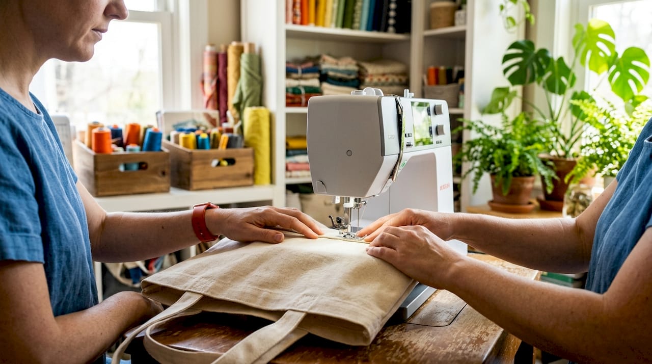 Hands sewing cotton duck tote bag on machine