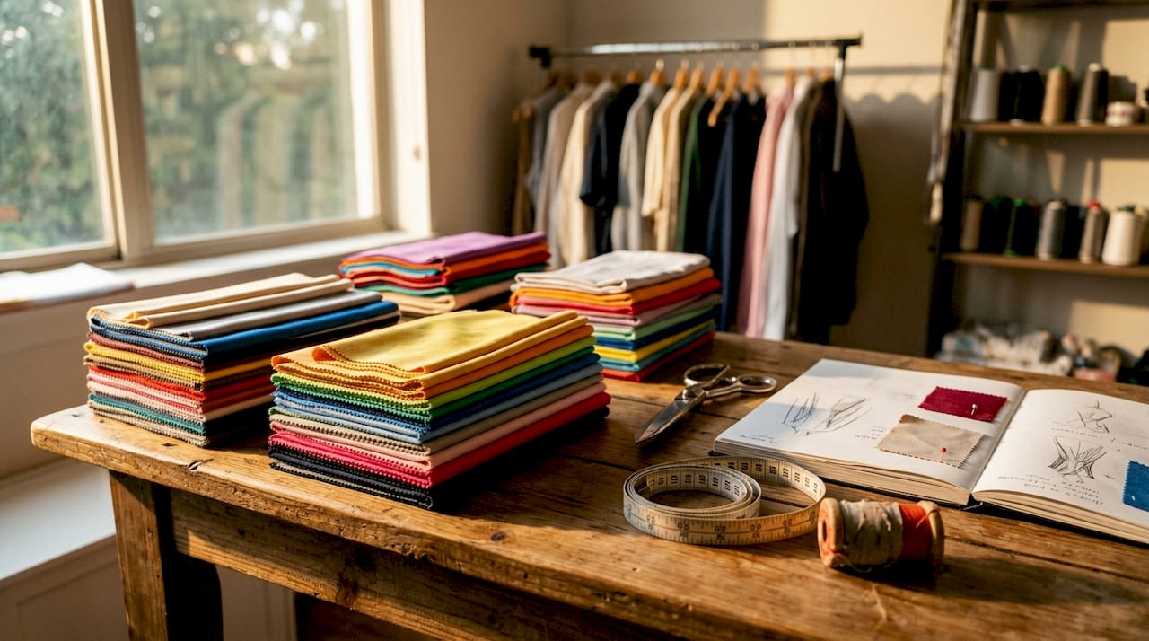 Flat lay of various polyester fabric samples