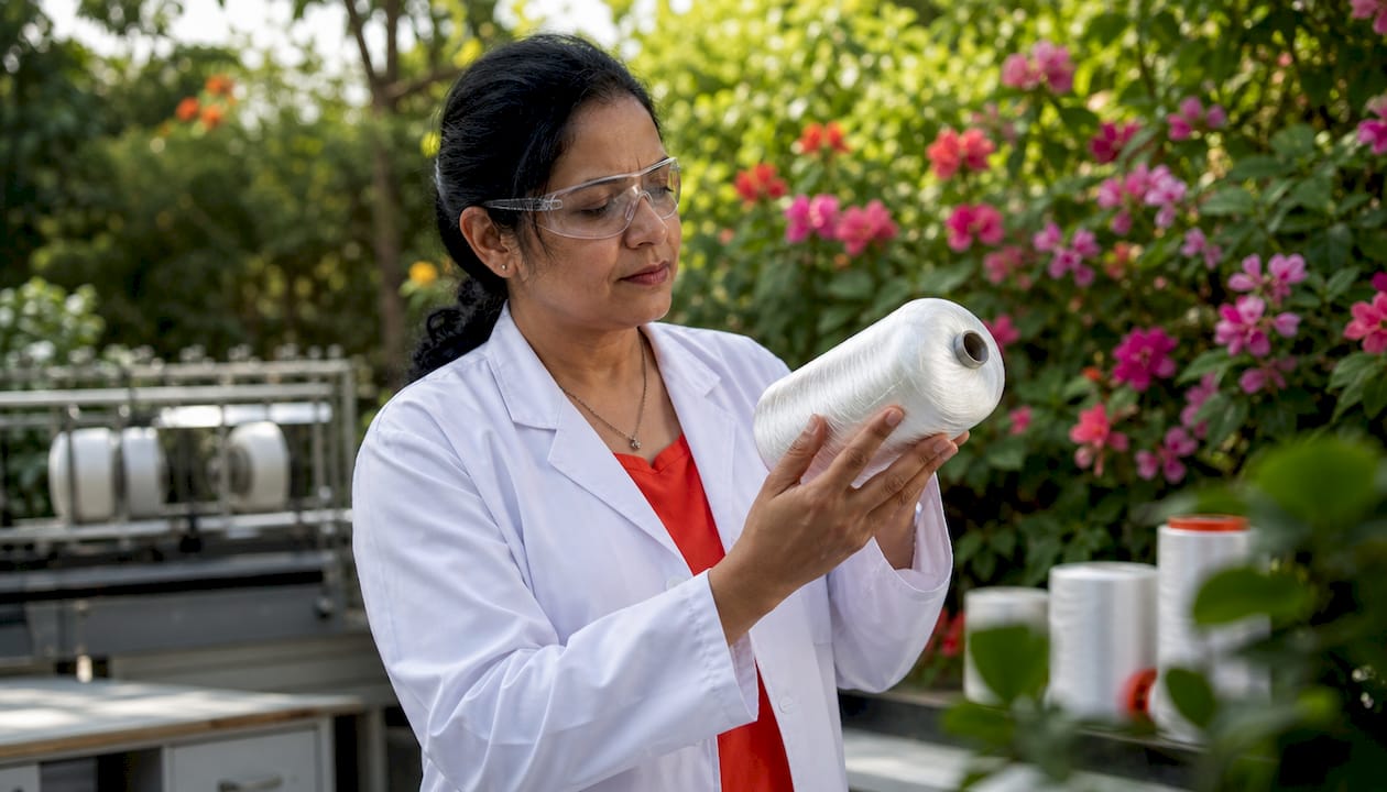 Textile engineer inspecting polyester fiber in factory