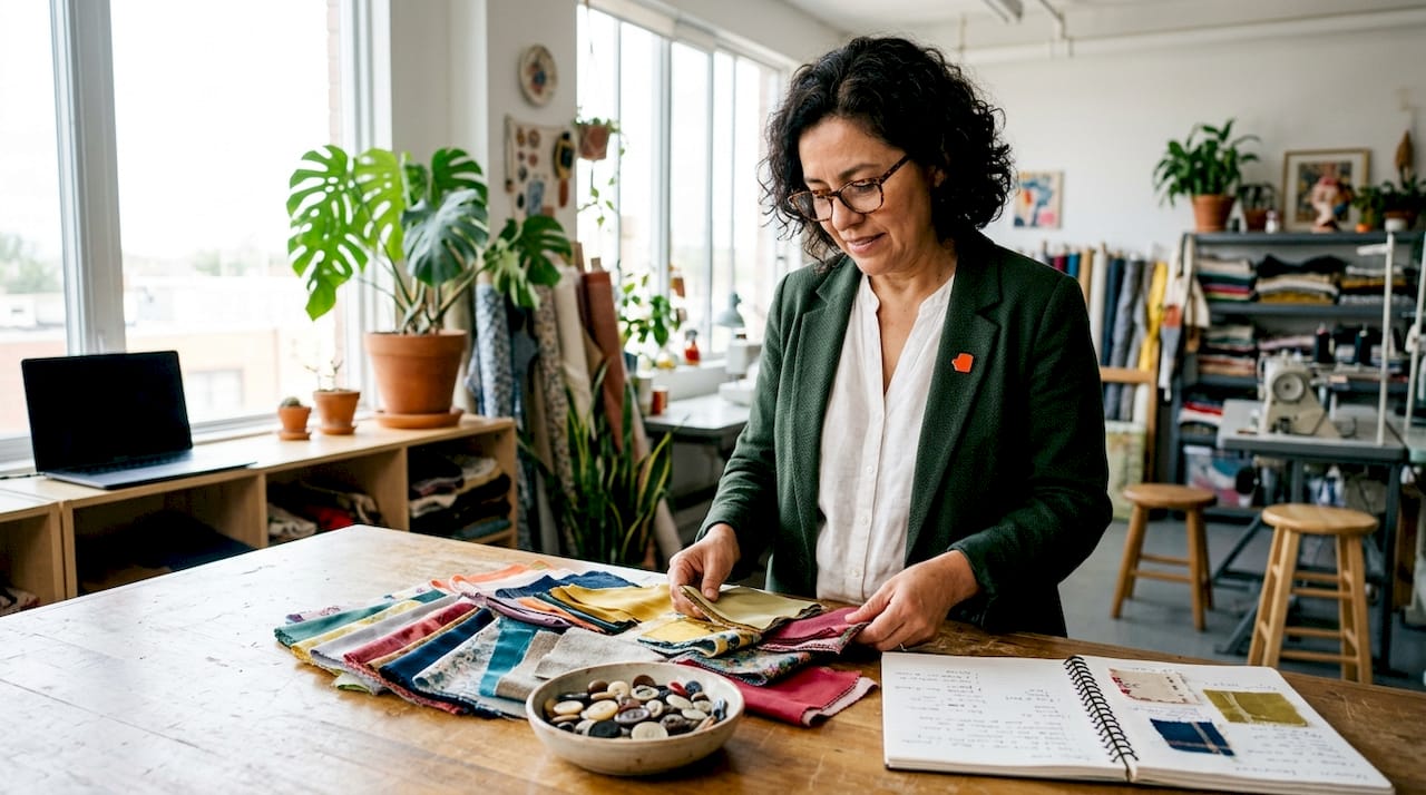 Woman examining fabric swatches at table