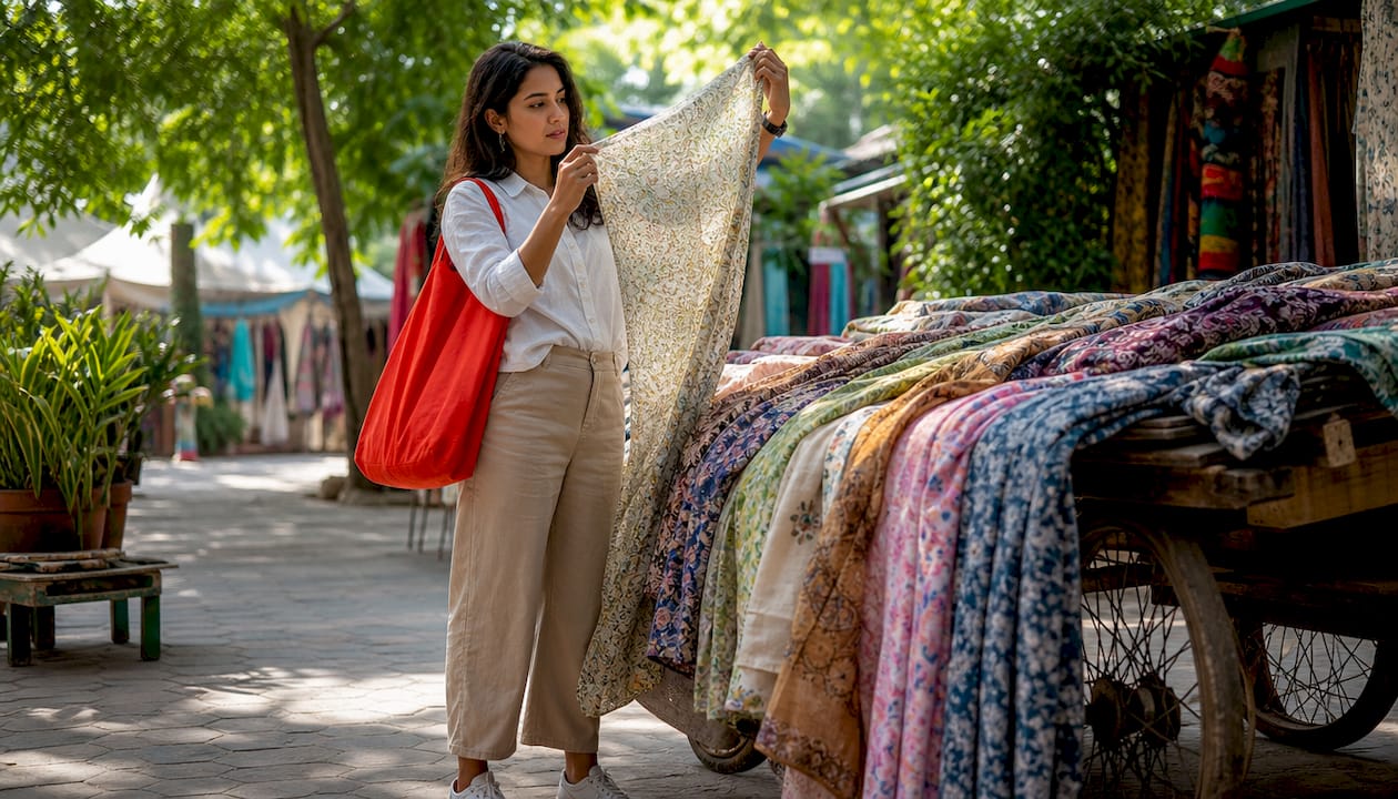 Textile designer inspecting polyester cotton fabric