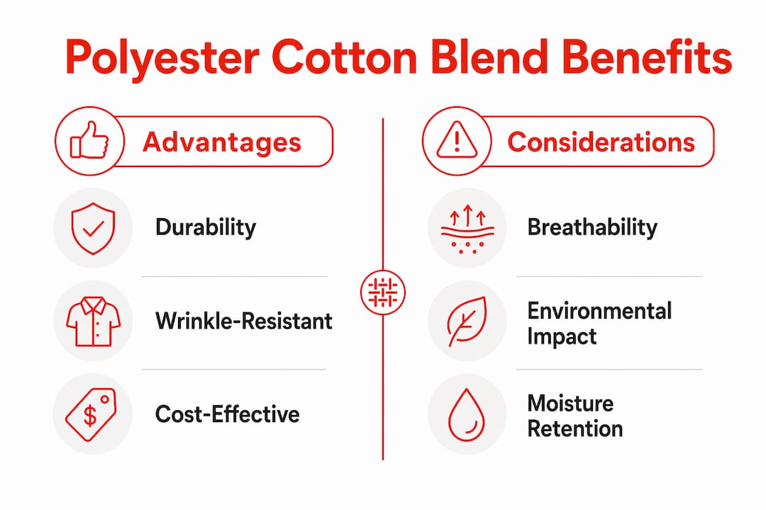 Infographic comparing benefits and considerations of polyester cotton blends