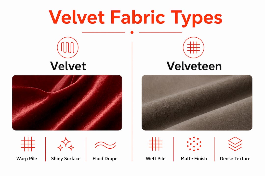 Infographic comparing velvet and velveteen properties