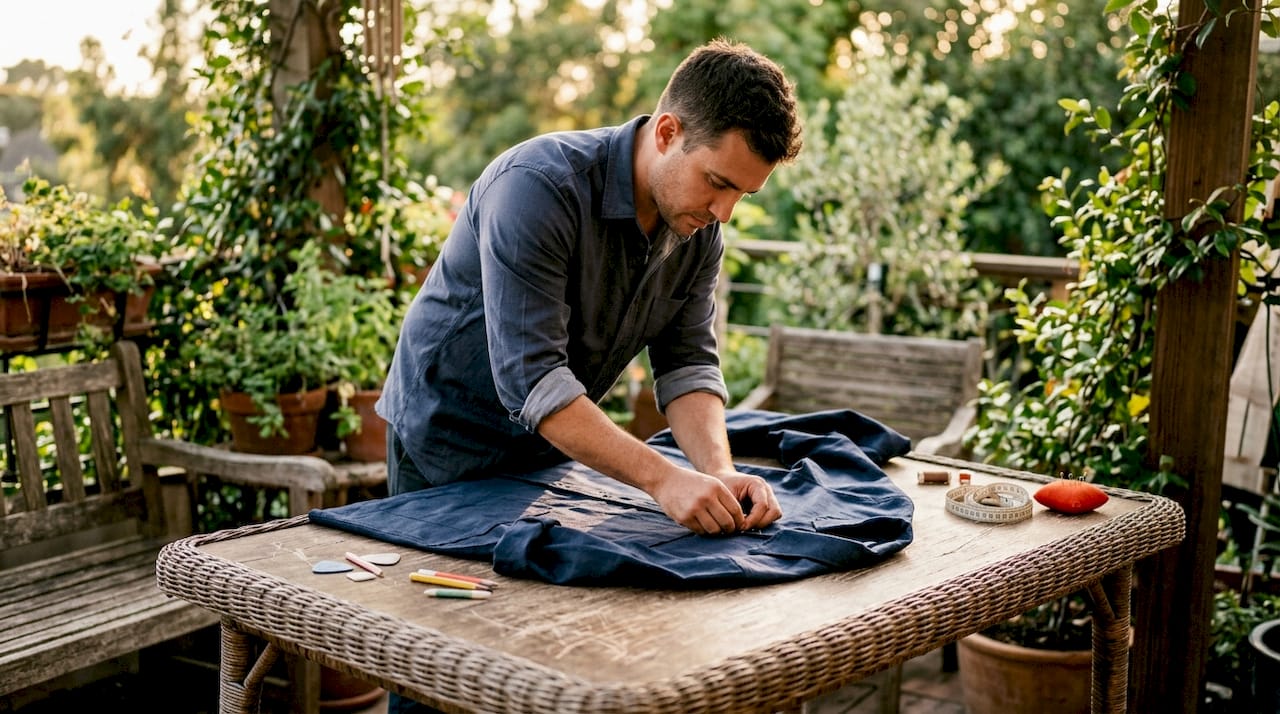 Tailor pinning cotton-polyester fabric pieces