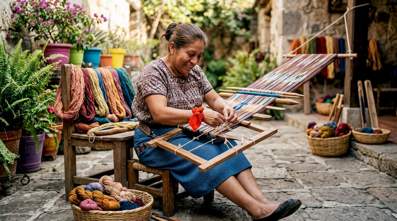 Artisan weaving ikat fabric on loom