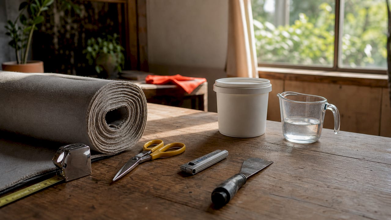 Fabric wall prep tools and materials on workbench
