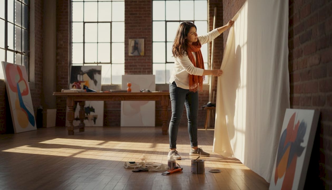 Woman applying fabric to accent wall