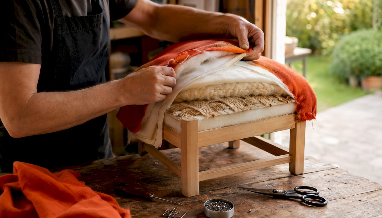 Close-up of hands assembling upholstery layers