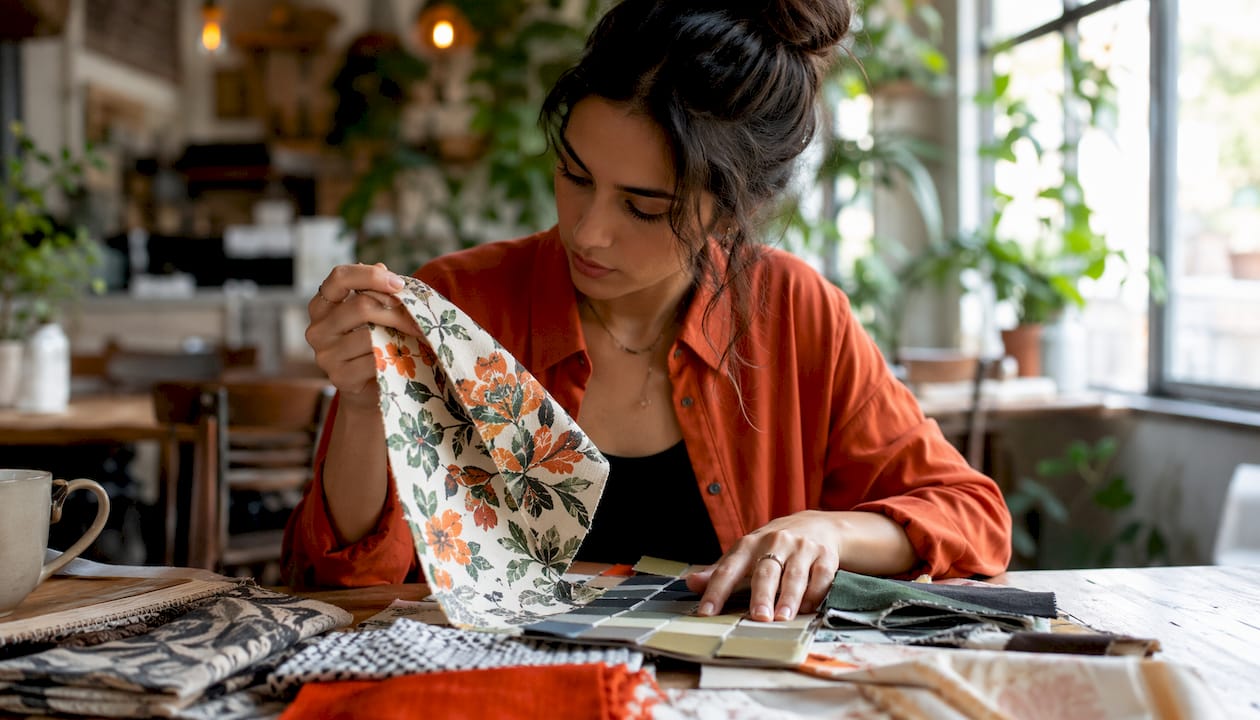 Textile designer examining fabric swatches