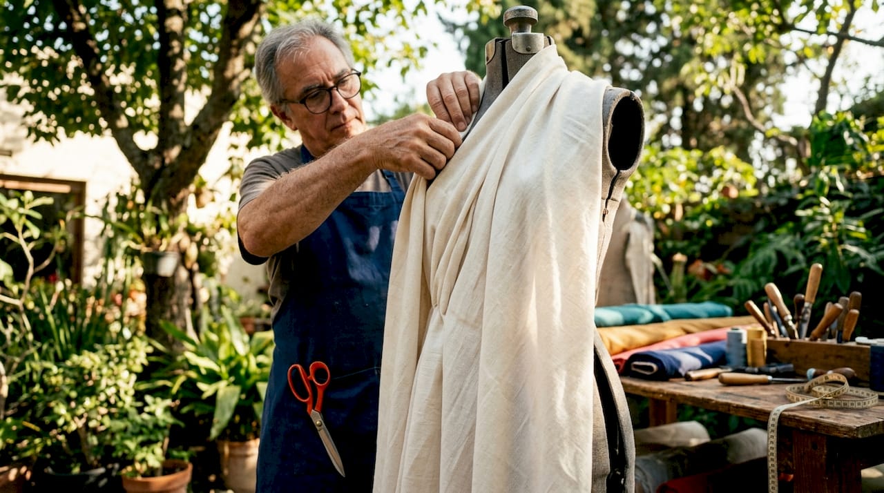 Hands draping cotton fabric on dress form