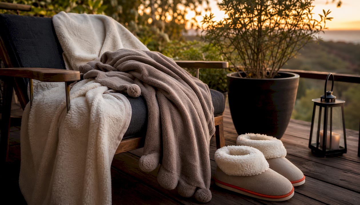 Fleece blankets and slippers in cozy home