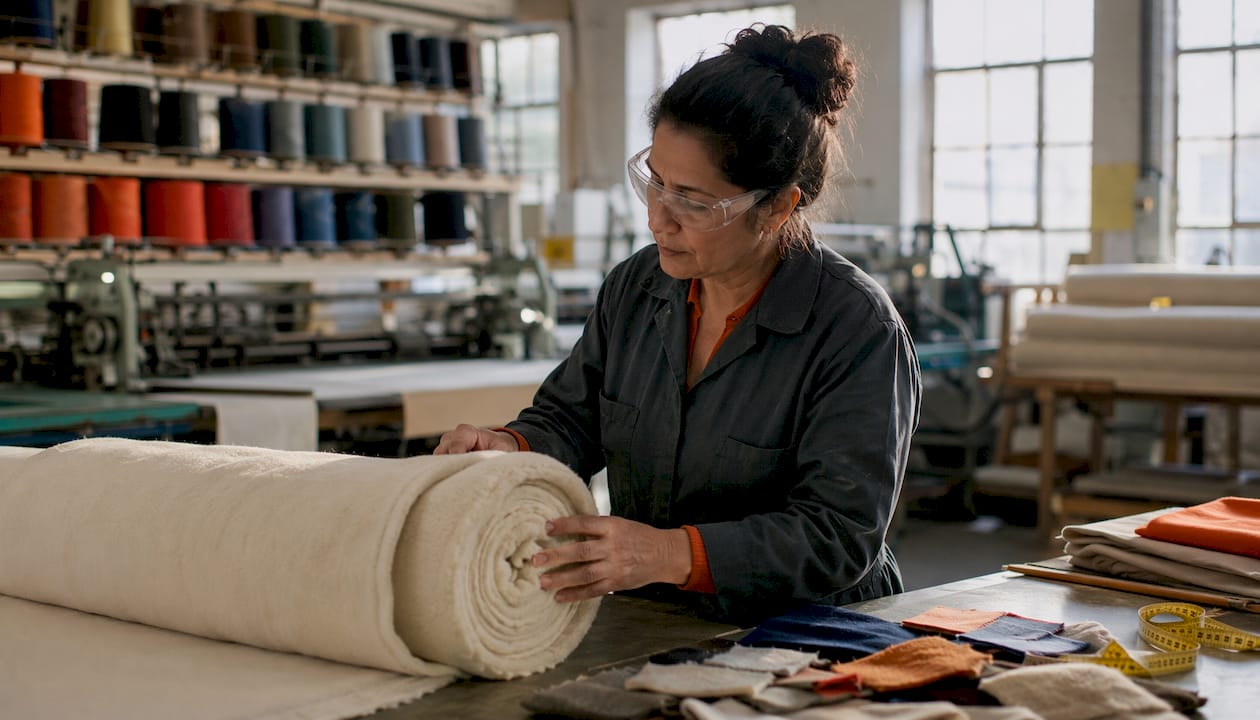 Technician inspecting polyester fleece fabric