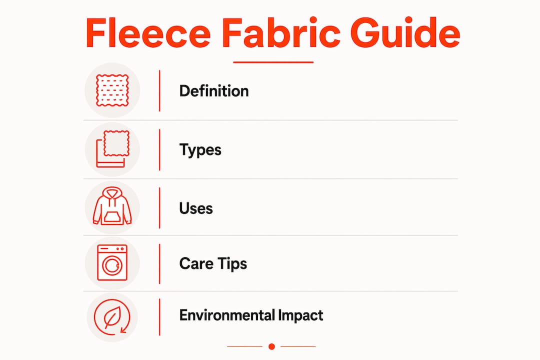Infographic showing fleece fabric guide with definition, types, uses, care tips, impact