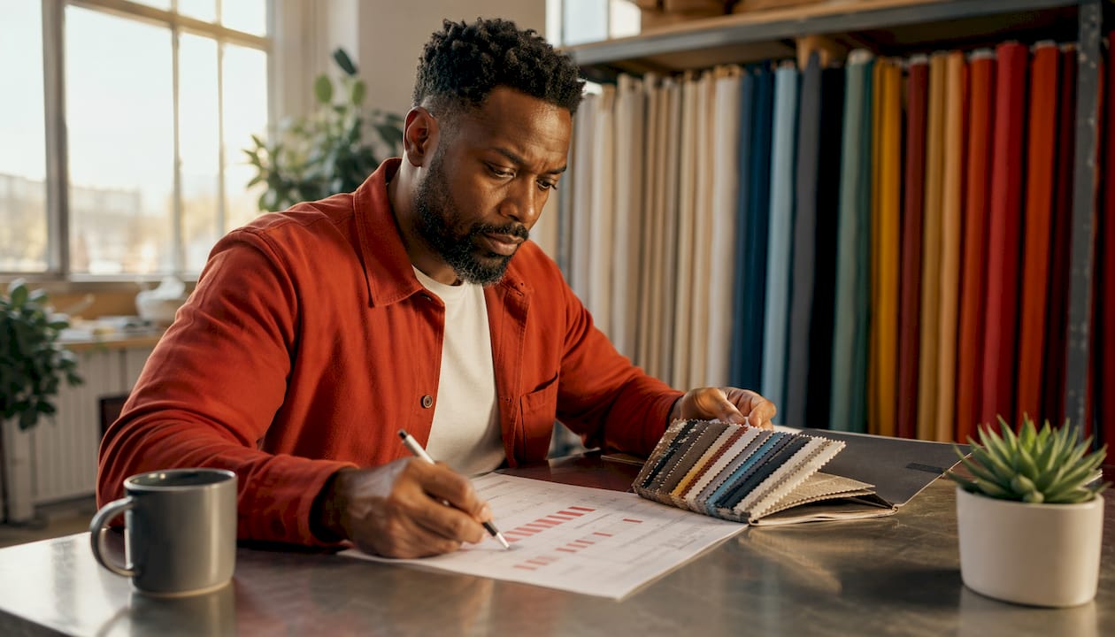 Man budgeting fabric sourcing costs at desk