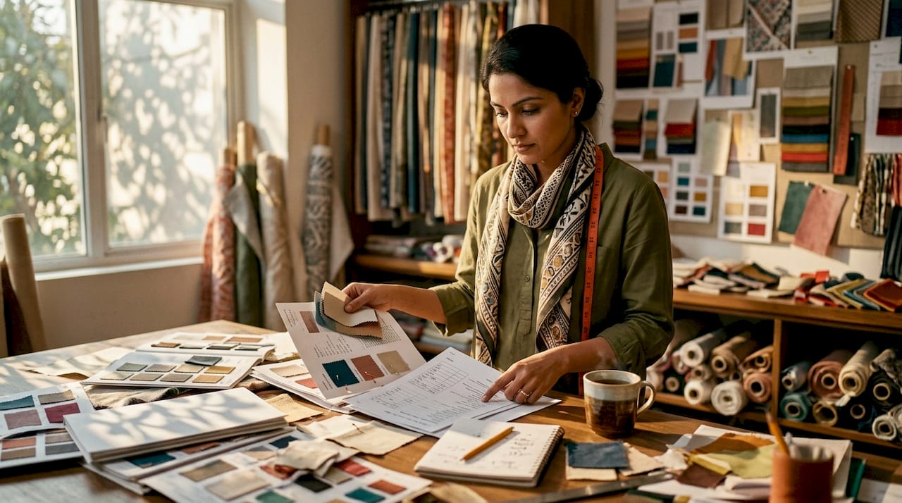 Woman reviewing fabric swatches in office