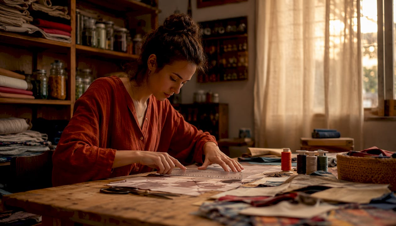 Crafter organizing fabrics at home studio