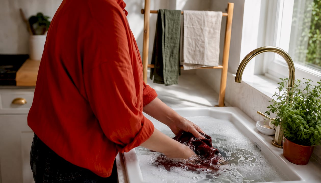 Hands handwashing velvet fabric in basin