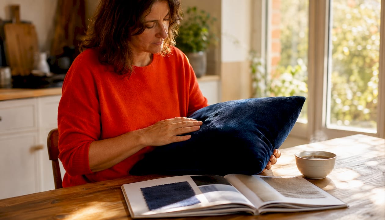 Woman stroking velvet pillow nap direction