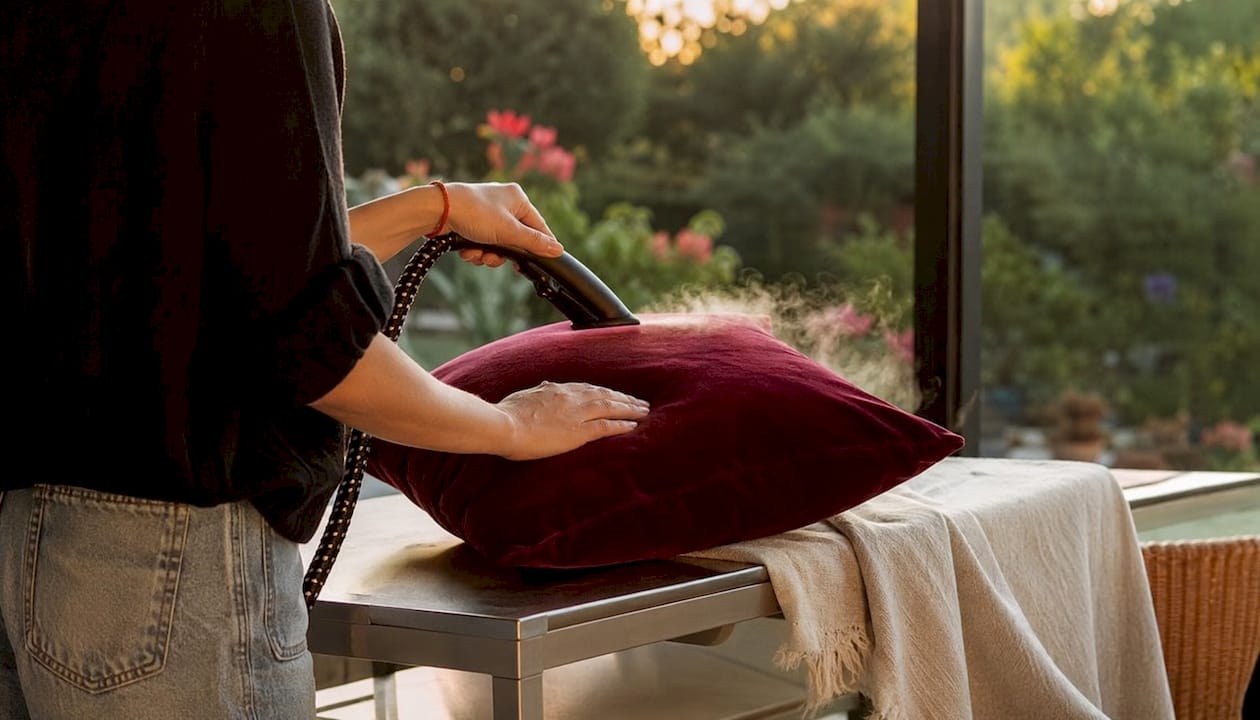 Hands steaming crushed velvet cushion