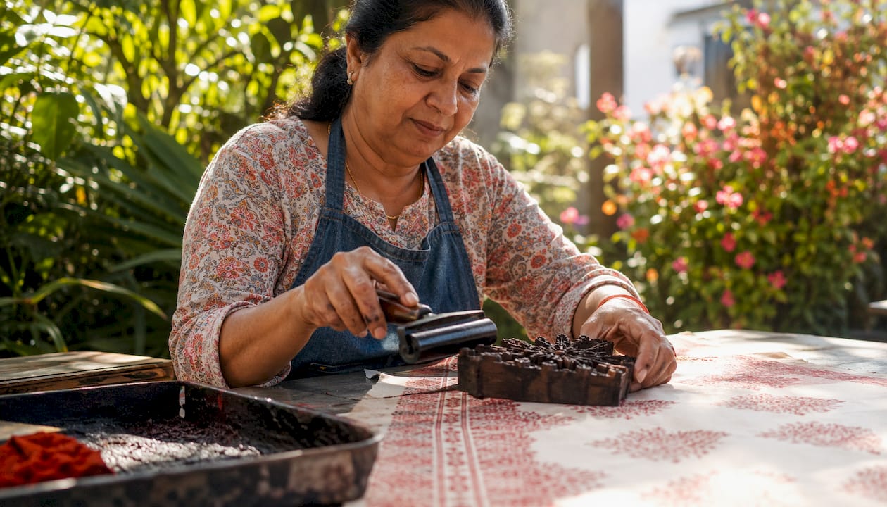 Artisan stamping fabric with carved wooden block