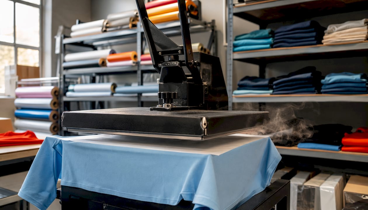 Heat press applying transfer print onto fabric