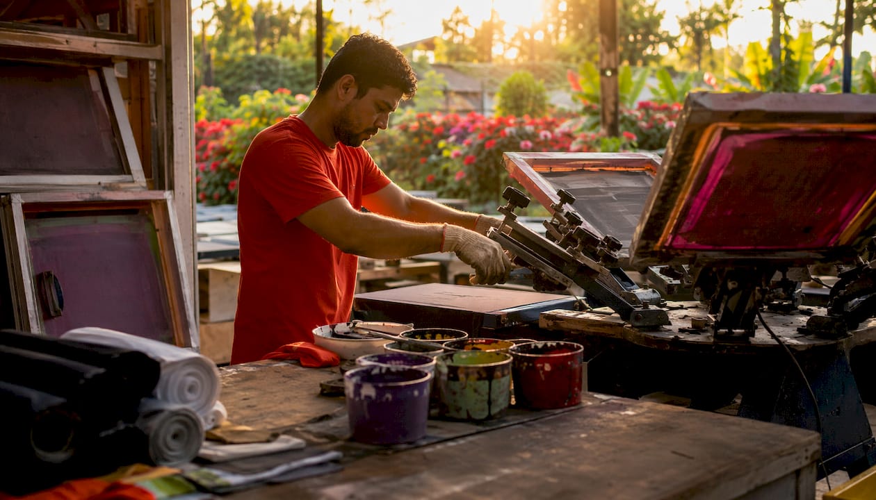Technician operating rotary screen printing press