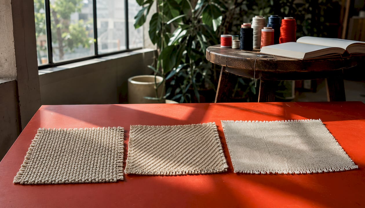 Close-up of plain, twill, and satin weave fabrics