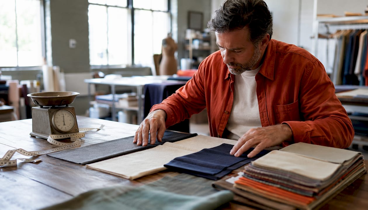 Designer comparing fabric fiber content swatches overhead