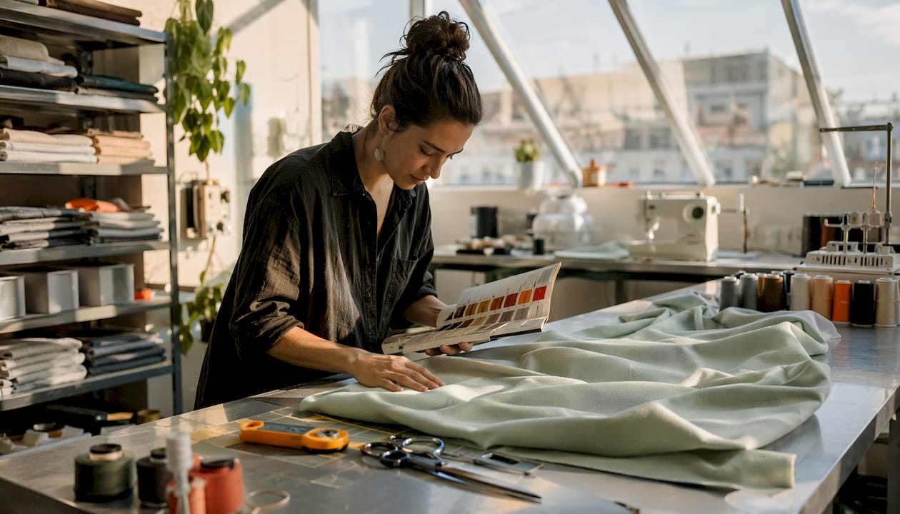 Person examining double knit cotton fabric texture