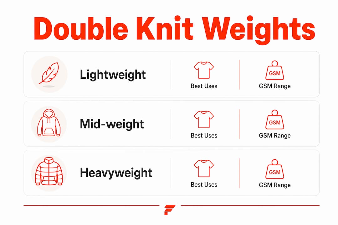 Infographic illustrating double knit fabric weight categories and uses