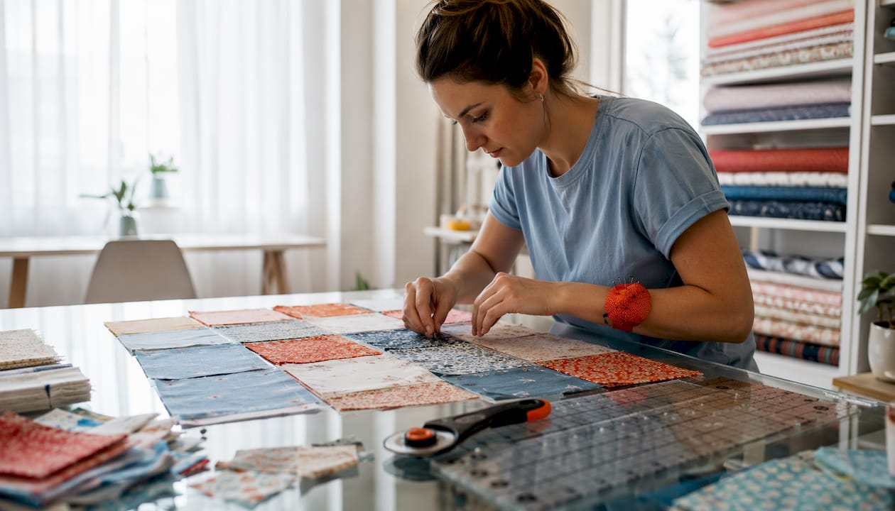 Beginner assembling quilt top pieces at home