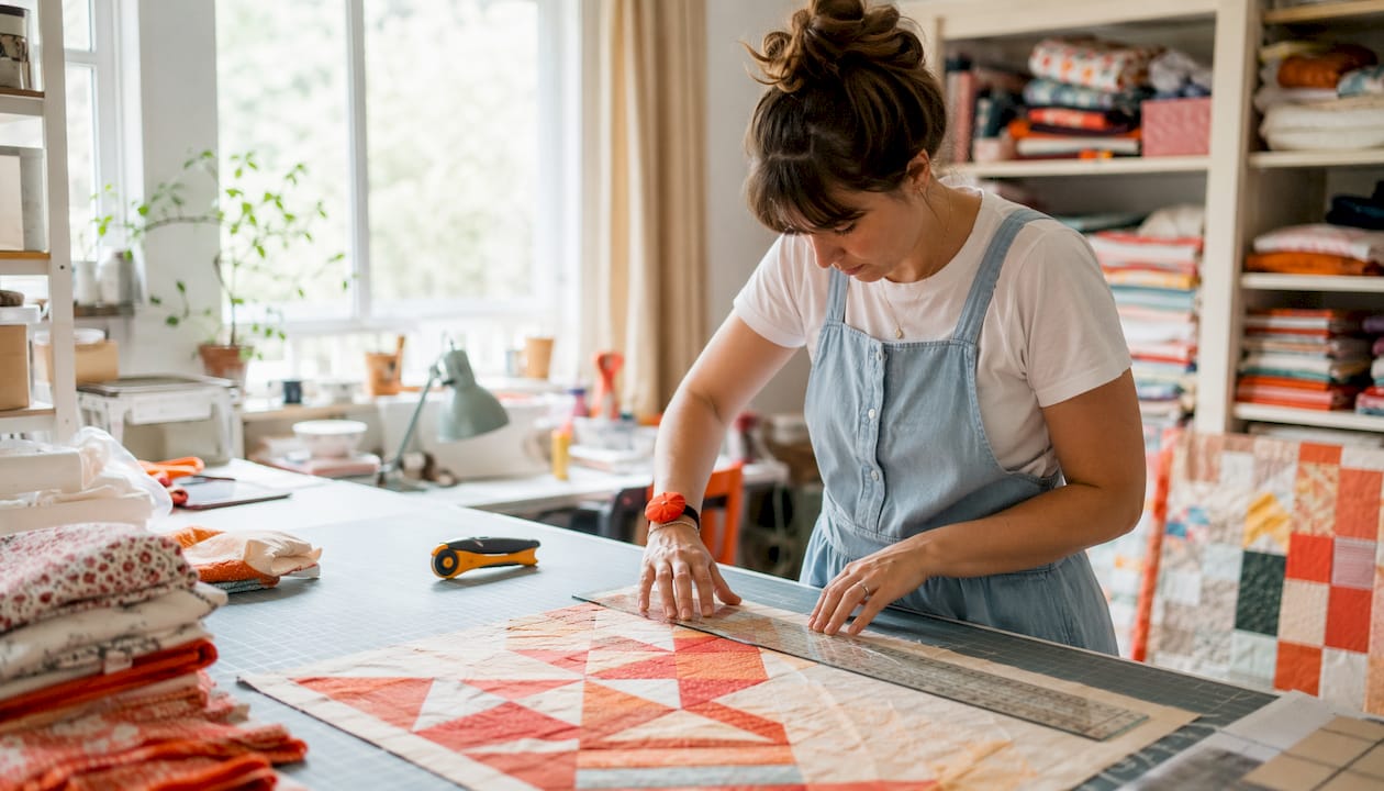 Hands cutting and organizing quilt fabric pieces