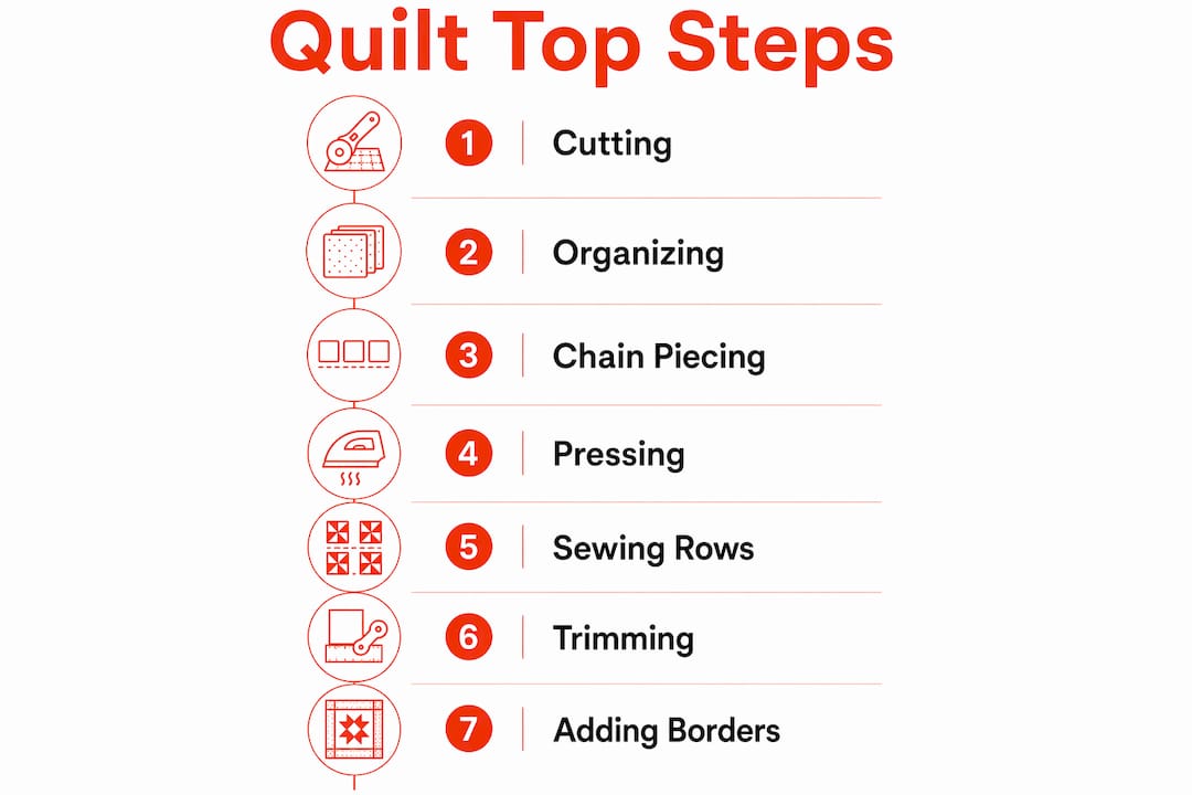 Infographic illustrating key steps to sew a quilt top