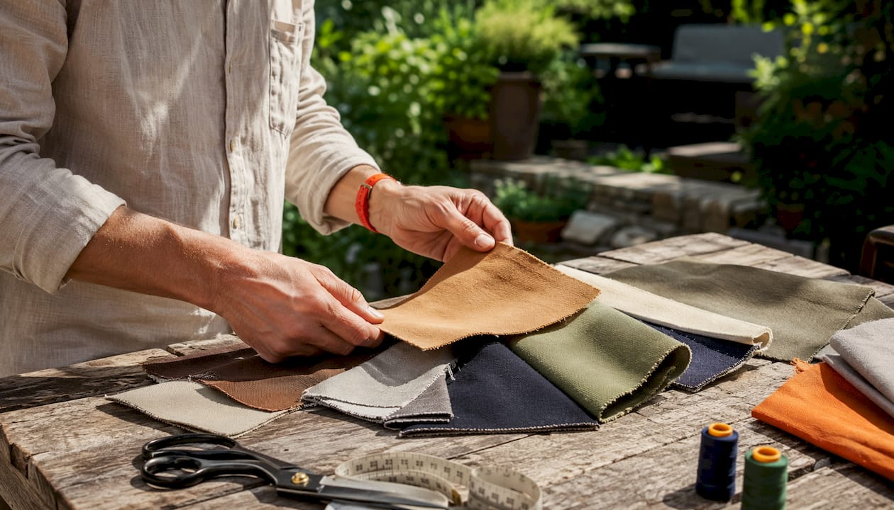 Hands examining canvas fabric samples for projects