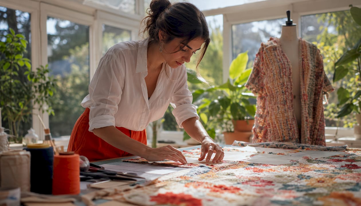 Designer arranging woven fabric pattern in home studio