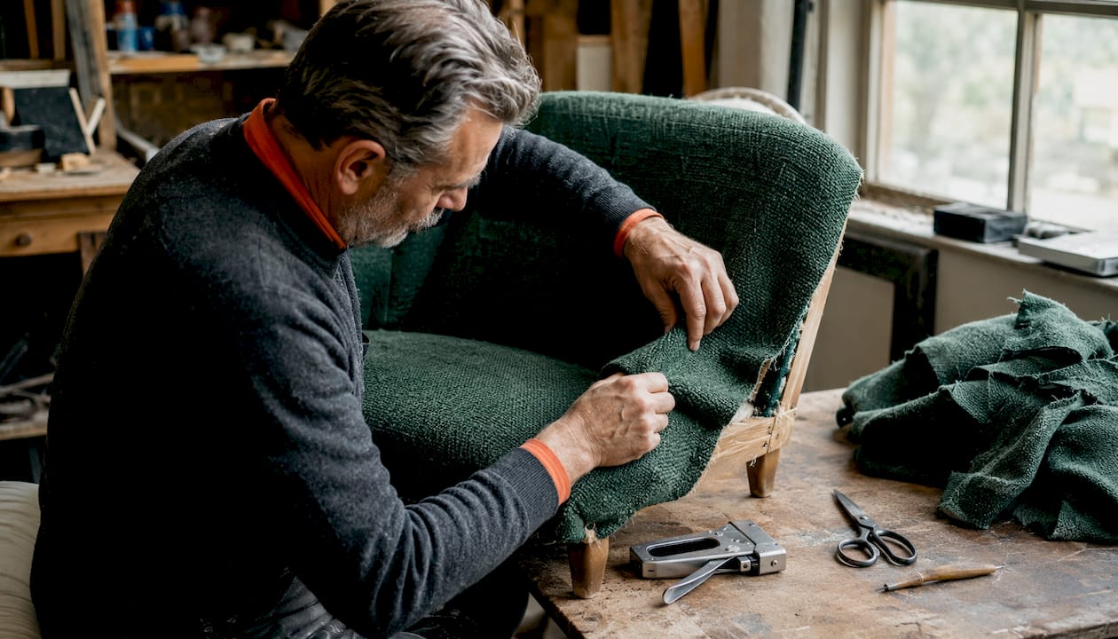 Close-up of hands upholstering chair with woven fabric