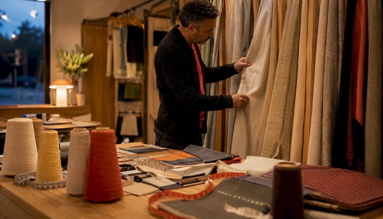 Specialist examining woven fabric samples in showroom