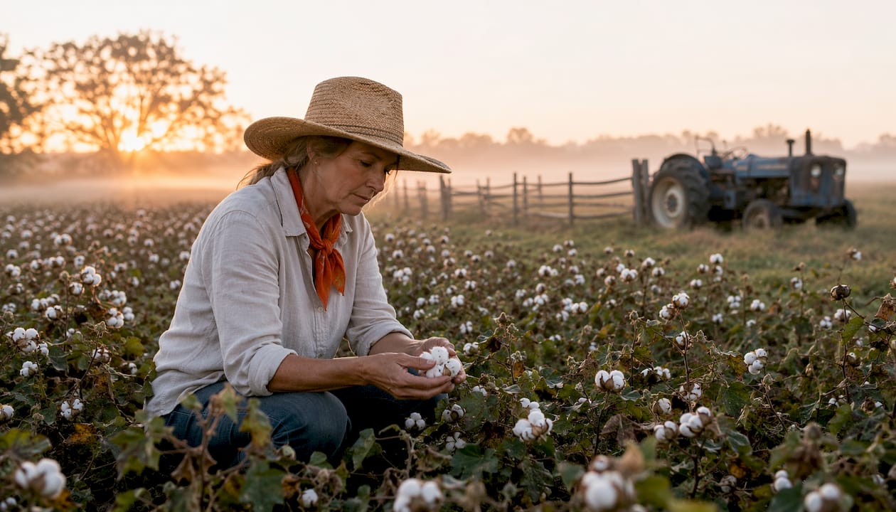 Farmer inspecting cotton plants at dawn on farm