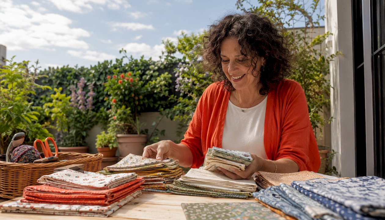 Woman sorting quilting fabric bundle at kitchen table