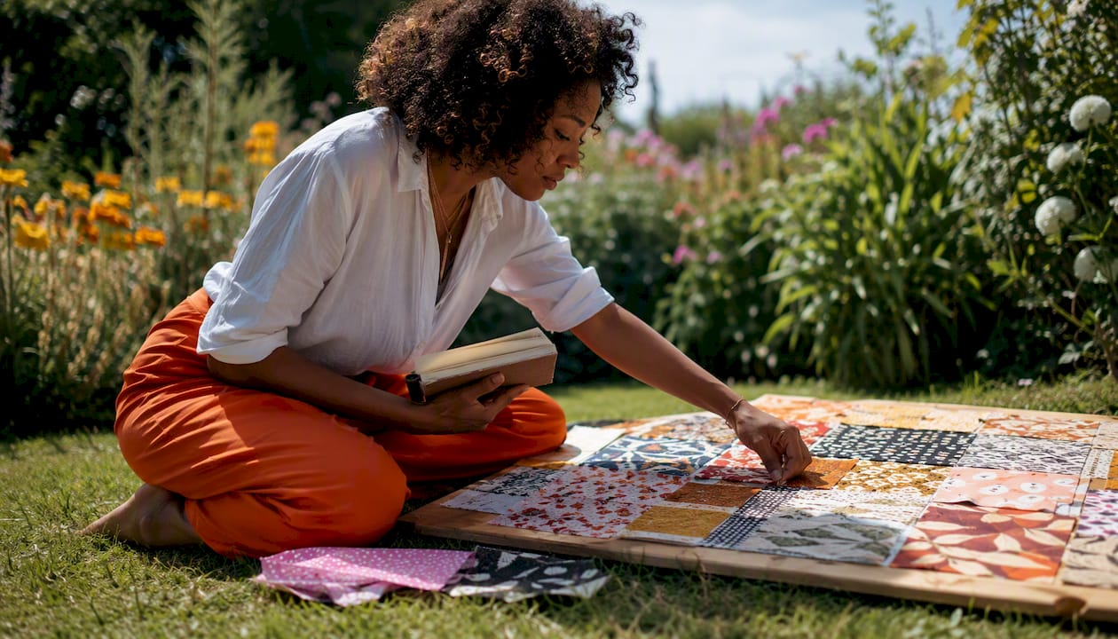 Woman arranging quilt blocks with varied print scales on design wall