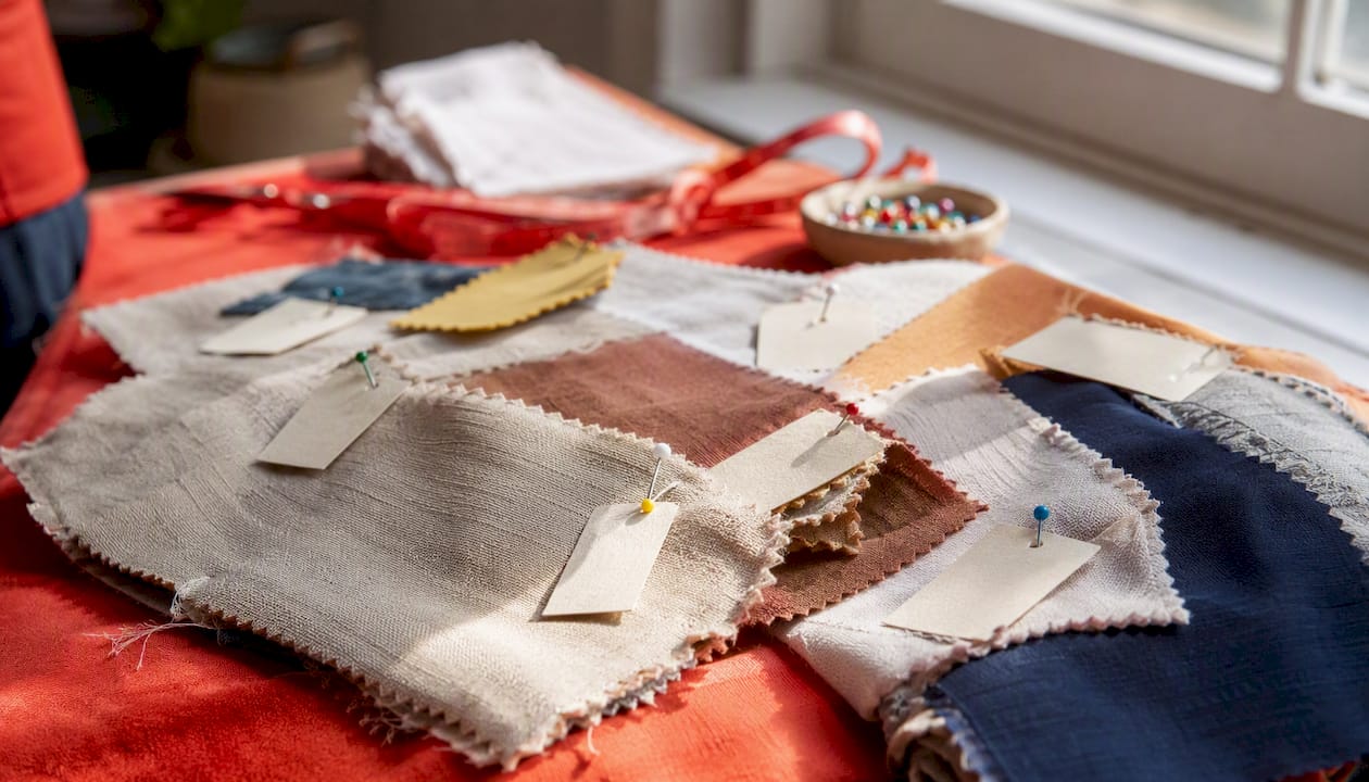Fabric swatches with fiber content labels