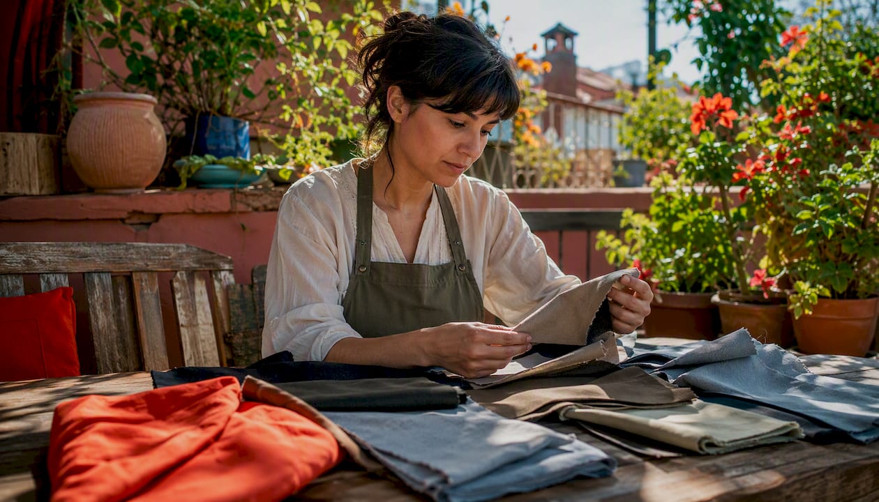 Artisan examining bag fabric samples at workspace