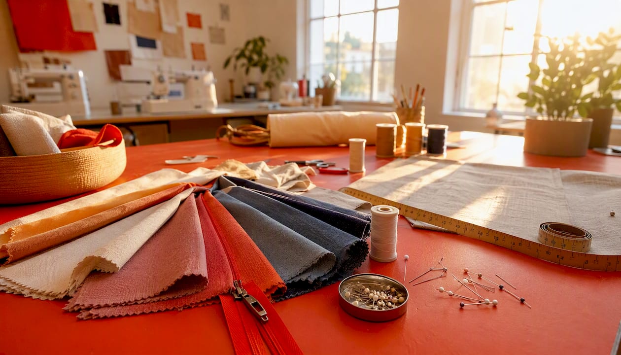 Close-up of fabric and sewing materials on table