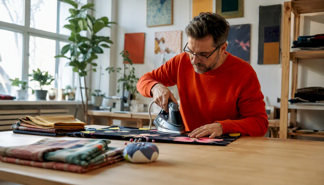 Man pressing fabric for pillow sewing