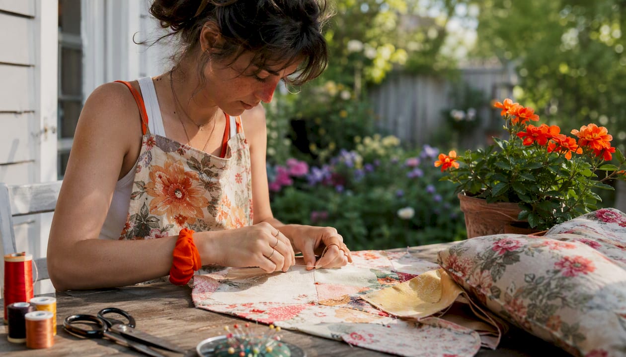 Woman sewing a throw pillow cover at home