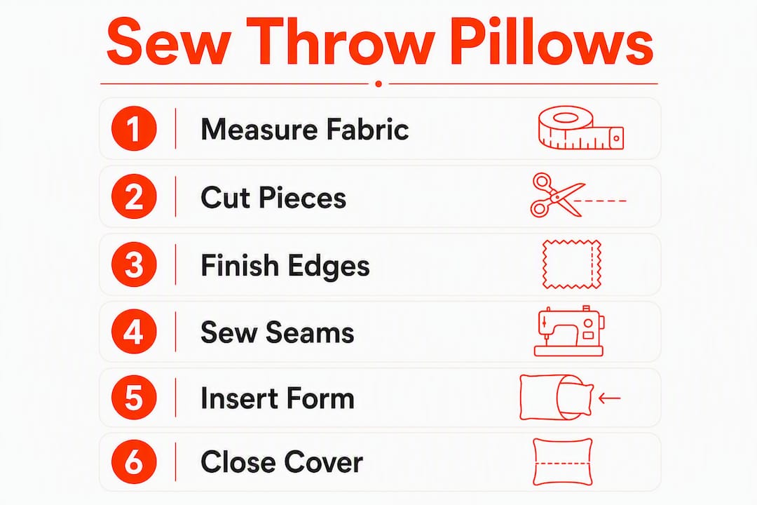 Infographic illustrating steps to sew throw pillows