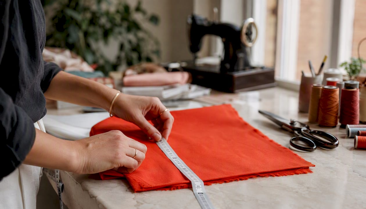 Hands measuring broadcloth fabric swatch on table