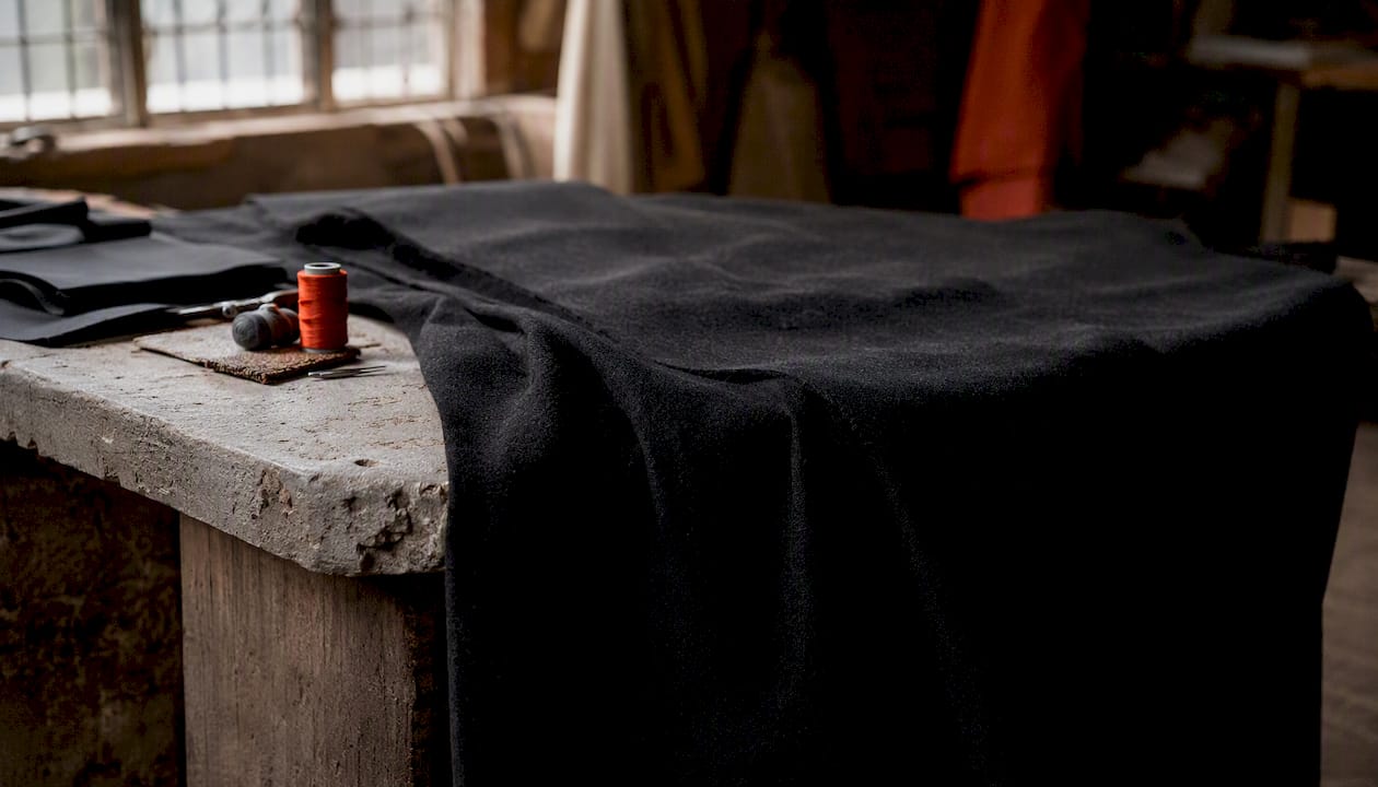 Dense historic wool broadcloth fabric texture close-up